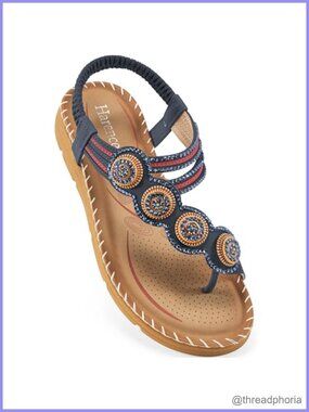 Harence Women's Flat Sandals Beaded Toe Ring Faux Leather Memory Foam Casual